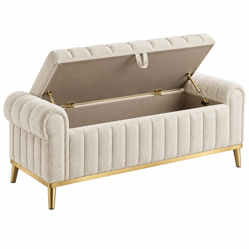 Polsterbank mit Stauraum 130 cm Beige Textil Goldfarbene Metallfüße