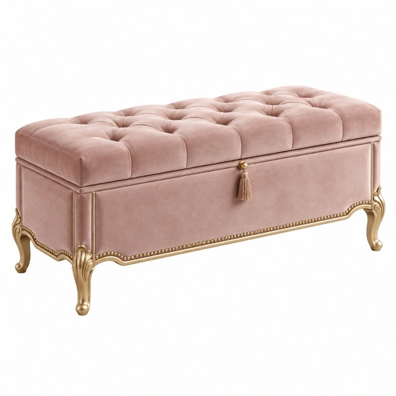 Sitzbank Truhe 120 x 45 x 50 cm rosa Samt mit goldfarbenen Holzfüßen klassisch