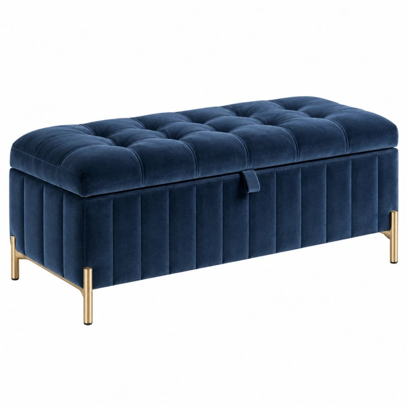 Sitzbank 120 x 45 x 45 cm aus Samt Dunkelblau mit Stauraum und Knopfheftung