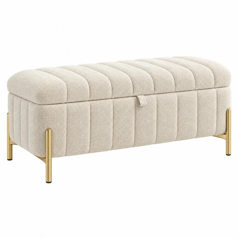 Polsterbank 100 x 40 x 45 cm Bouclé Creme mit Stauraum und Metallbeinen