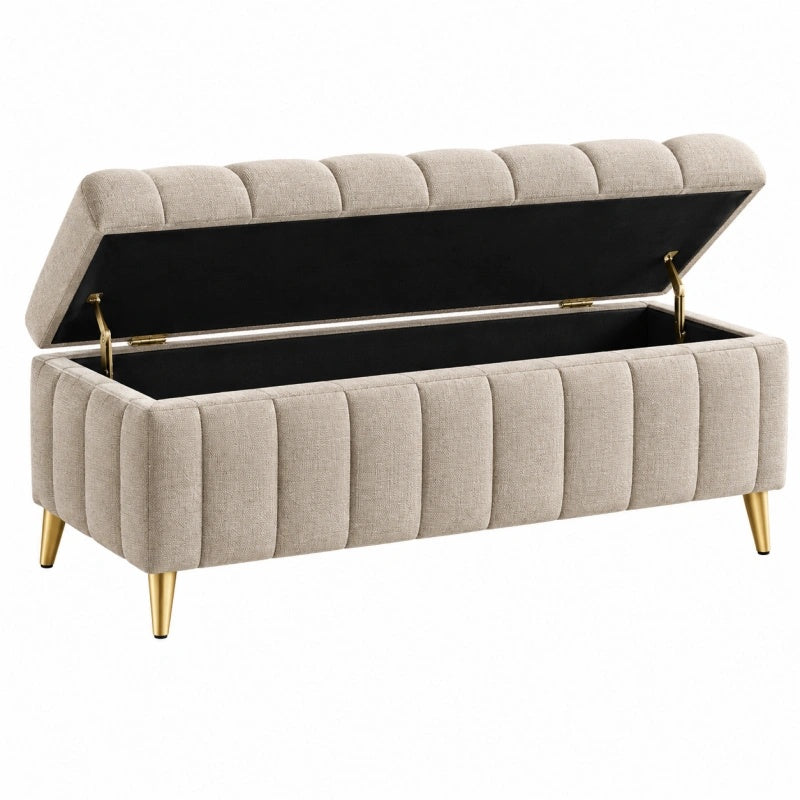 Sitzbank 140 cm Beige mit Stauraum - Gepolsterte Flurbank aus Textil mit Metallfüßen