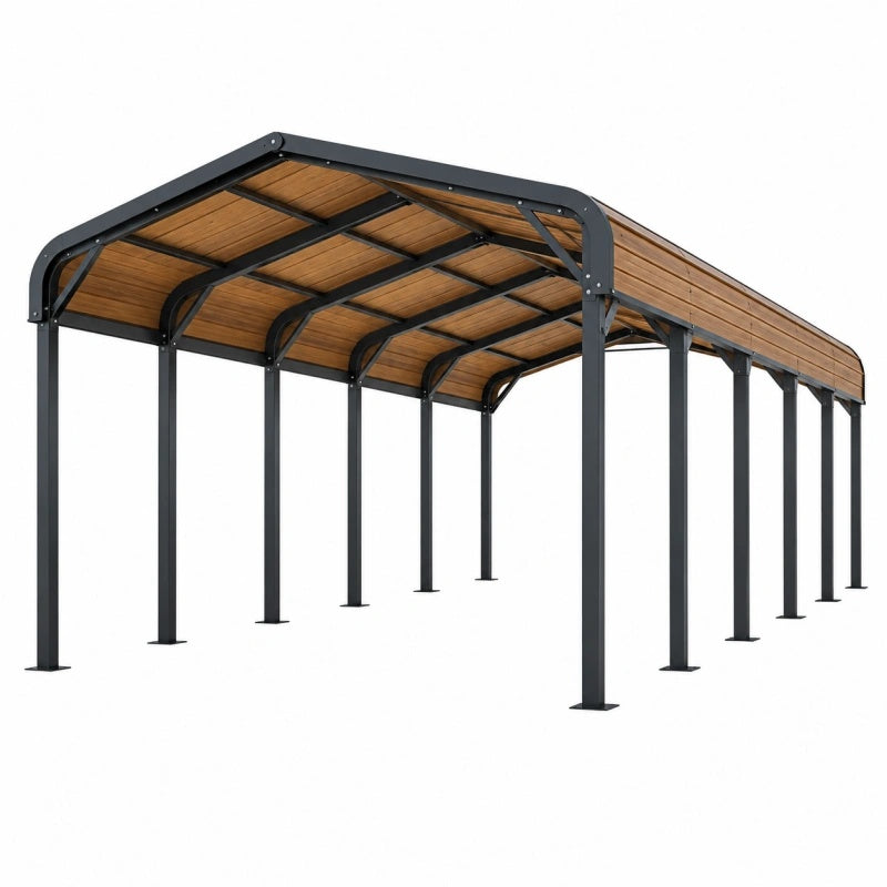 Carport 600 x 300 x 250 cm aus Stahl und Holzoptik mit gebogenem Dach für Außenbereich