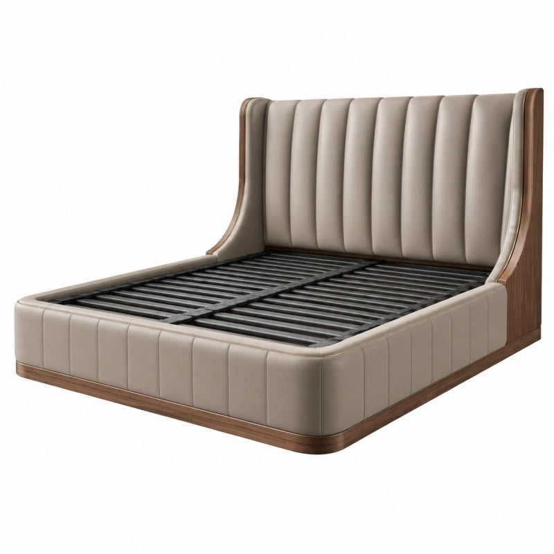 Polsterbett 180 x 200 cm Beige Holzoptik mit Lattenrost Modern