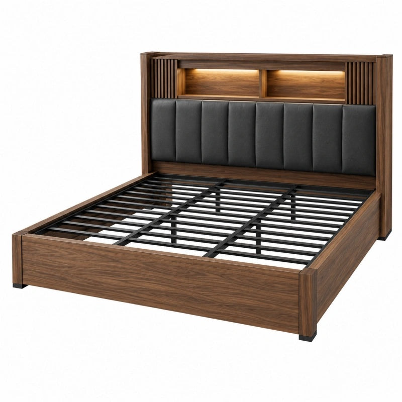 Bettgestell 160 x 200 cm Holzoptik Braun mit gepolstertem Kopfteil und Metalllattenrost