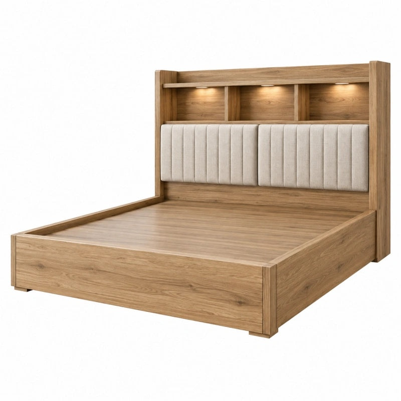 Bettgestell 160 x 200 cm Holz Natur mit gepolstertem Kopfteil und Beleuchtung