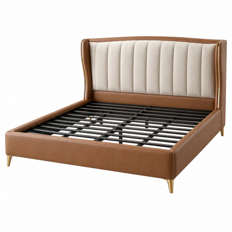 Polsterbett 160 x 200 cm Braun Creme mit Metalllattenrost modernes Doppelbett