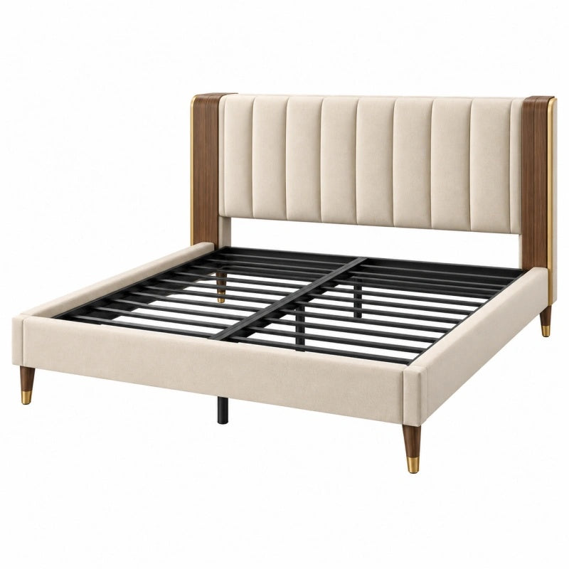 Polsterbett 160 x 200 cm Creme Braun mit Metalllattenrost und gepolstertem Kopfteil