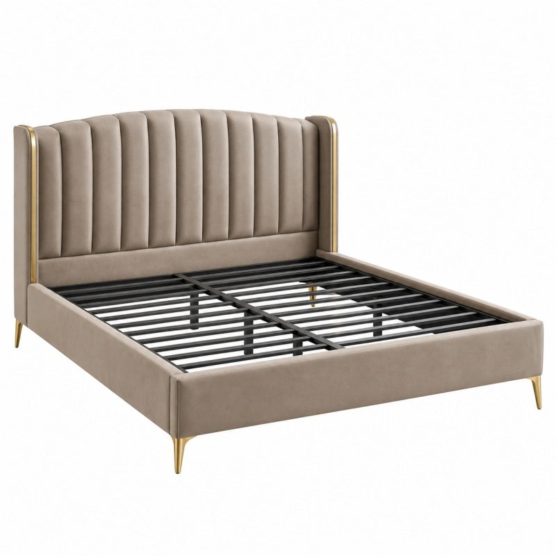 Polsterbett 160 x 200 cm Taupe Samt mit Metalllattenrost und vertikal gestepptem Kopfteil